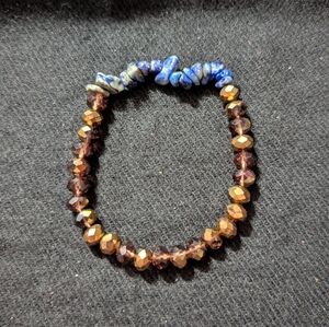 Blue Sodalite Gemstone Chips And Brown Bronze Crystal Stretchy Beaded Bracelet